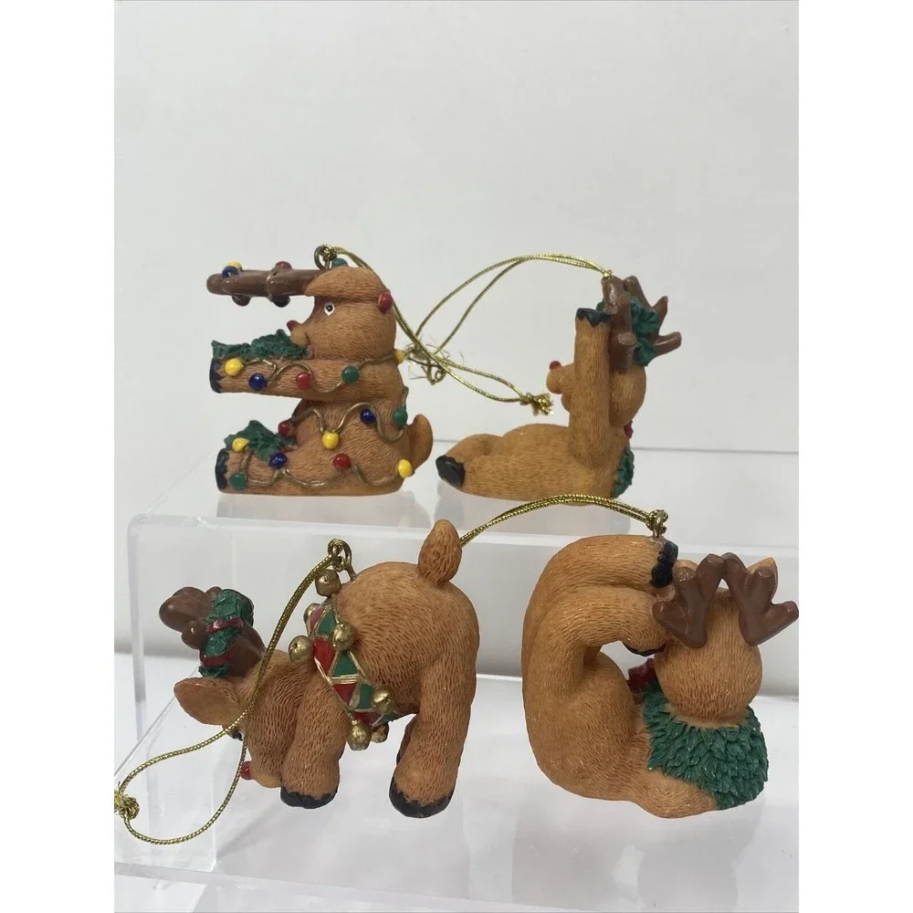 Reindeer Christmas Ornaments Lot Of 4 Silly Pose Animal Red Nosed Resin Decor - Picture 4 of 9